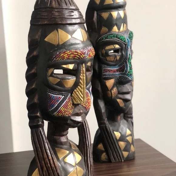 (2) Beautifully Adorned Vintage West African Fulani Peul Fulbe Tribe Sculptures
